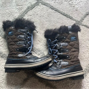 Sorel Joan Of Arctic Winter Boots Black gray blue Waterproof fur lace up 6